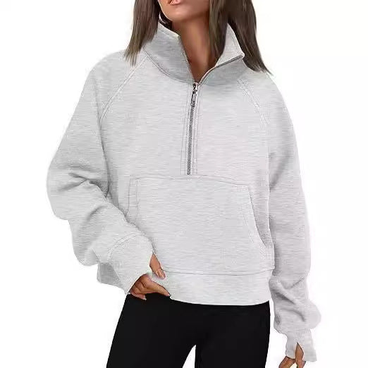 Women's Autumn/Winter Fleece Loose-fitting Jacket with Raglan Sleeves and Stand Collar Half-Zip Sweatshirt 453