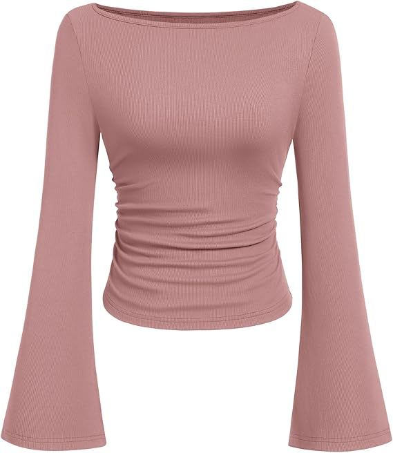 Solid color boat neck bell sleeve T-shirt for women 452