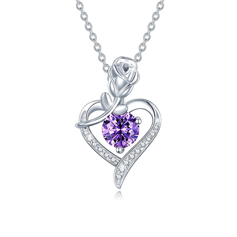 925 sterling silver heart-shaped rose pendant necklace, women's collarbone necklace, moissani diamond 270