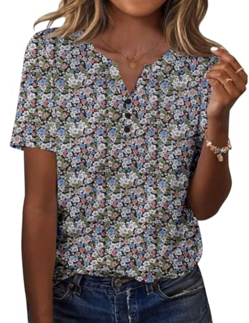 New fashionable, trendy, casual, versatile, high-quality short-sleeved button V-neck T-shirt 481