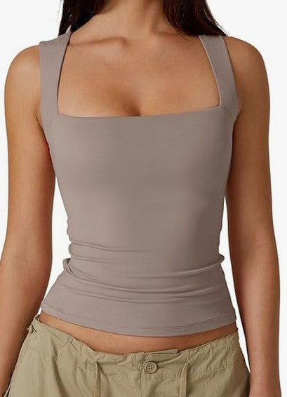 Women's Slim Fit Solid Color Vest Top with Square Neck 469