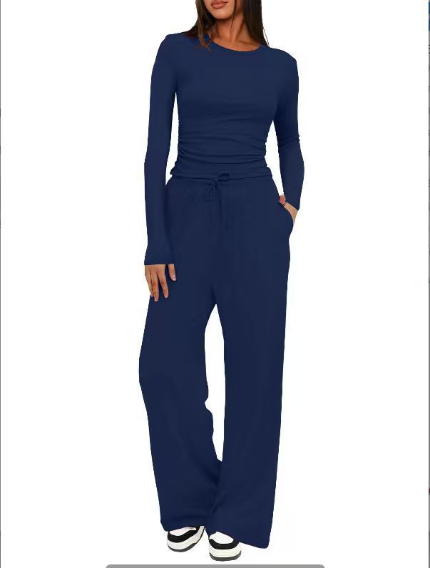 Solid color casual long-sleeved suit top and high-waisted wide-leg pants sportswear 451