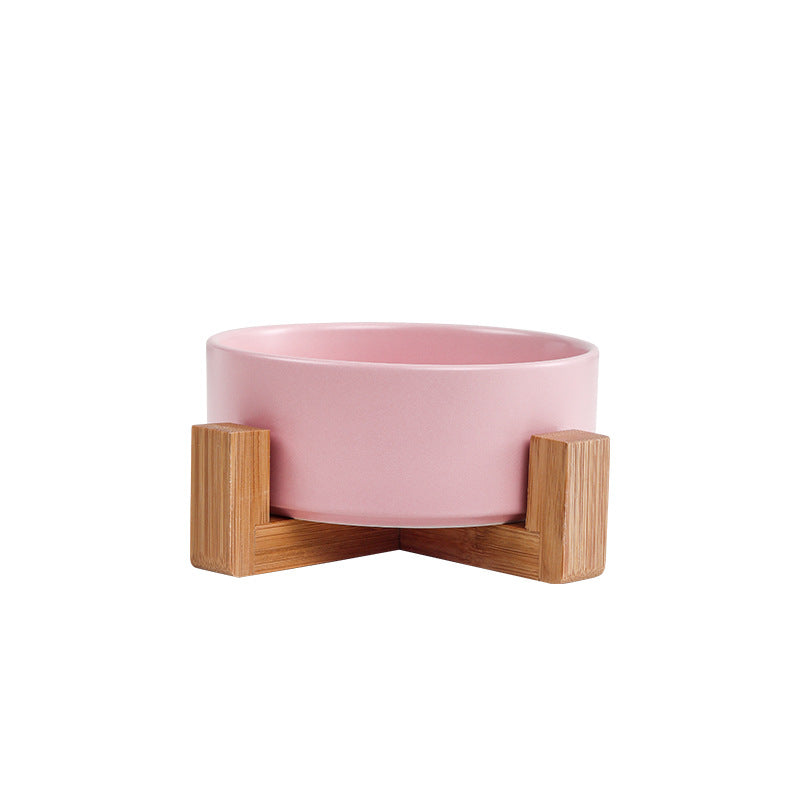 Cat bowl ceramic double bowl water bowl integrated wooden frame dog bowl dog basin 327
