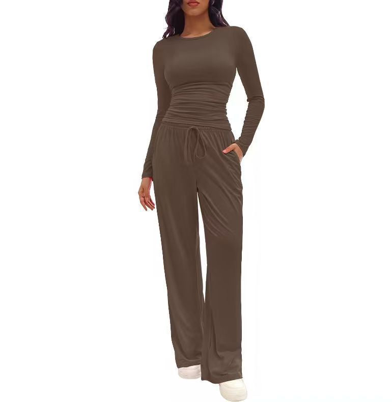 Solid color casual long-sleeved suit top and high-waisted wide-leg pants sportswear 451