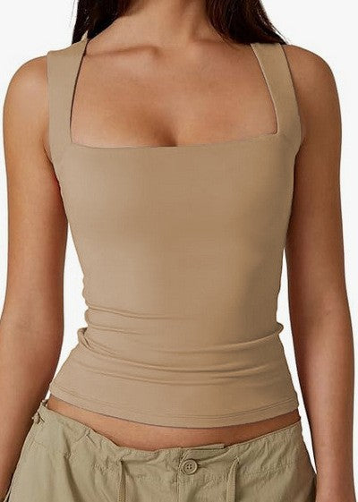 Women's Slim Fit Solid Color Vest Top with Square Neck 469