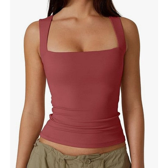 Women's Slim Fit Solid Color Vest Top with Square Neck 469