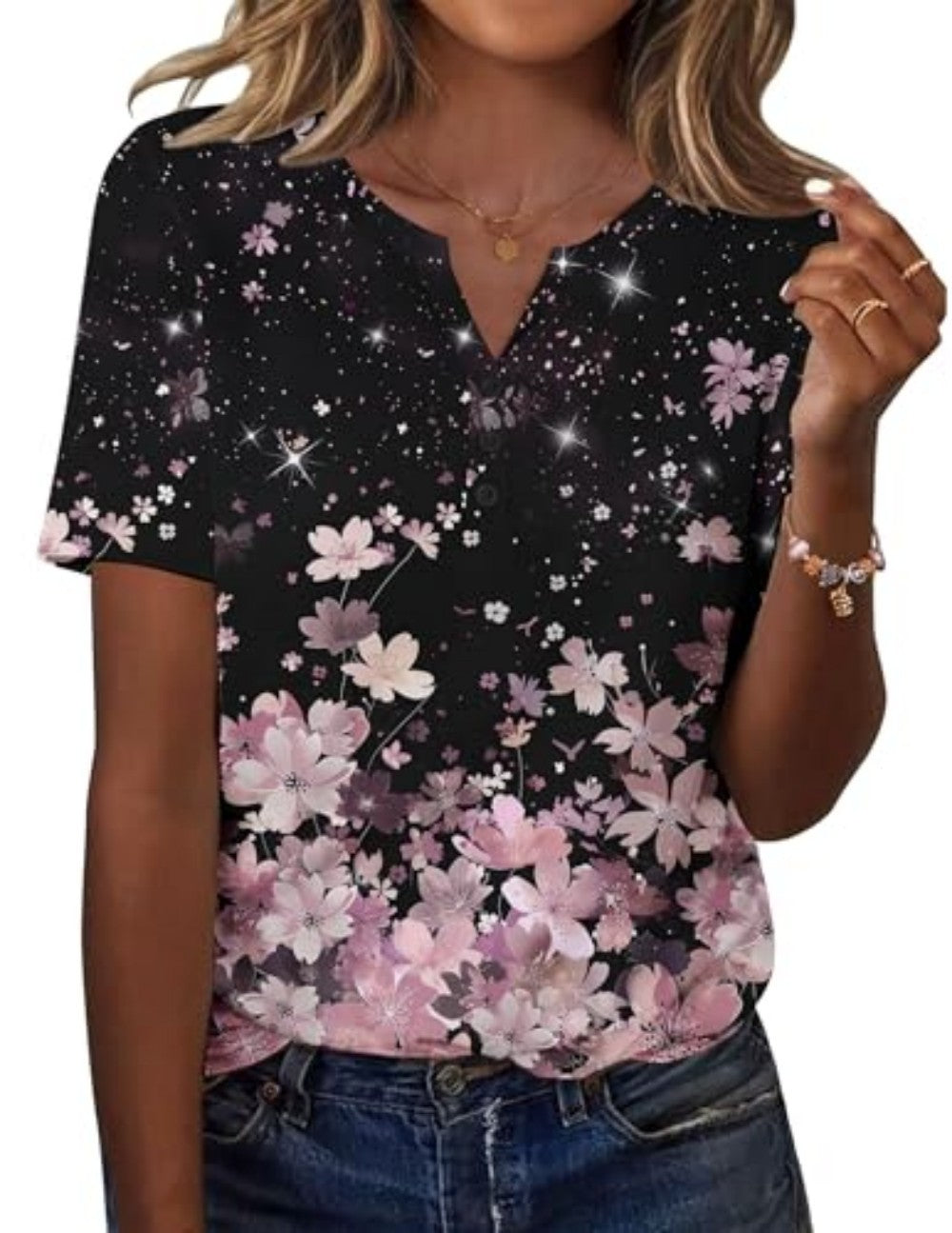 New fashionable, trendy, casual, versatile, high-quality short-sleeved button V-neck T-shirt 481