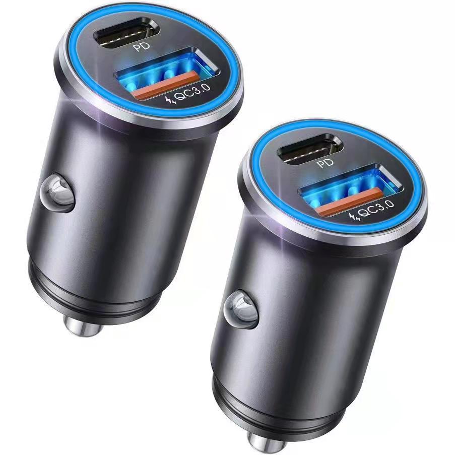 Aluminum alloy car charger, dual PD30W fast charging, suitable for Apple Android one to two car cigarette lighter 375