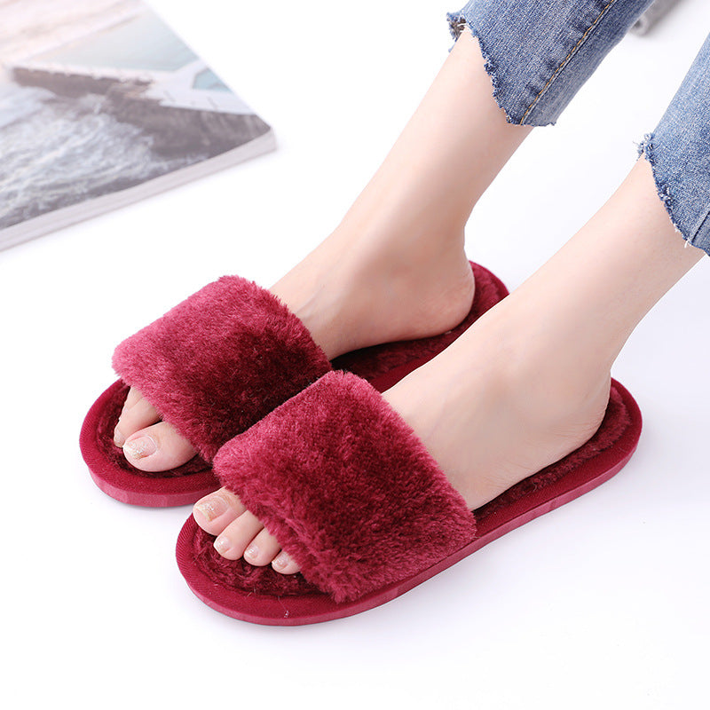 Open mouth hairy women's indoor wooden floor warm cotton slippers 050