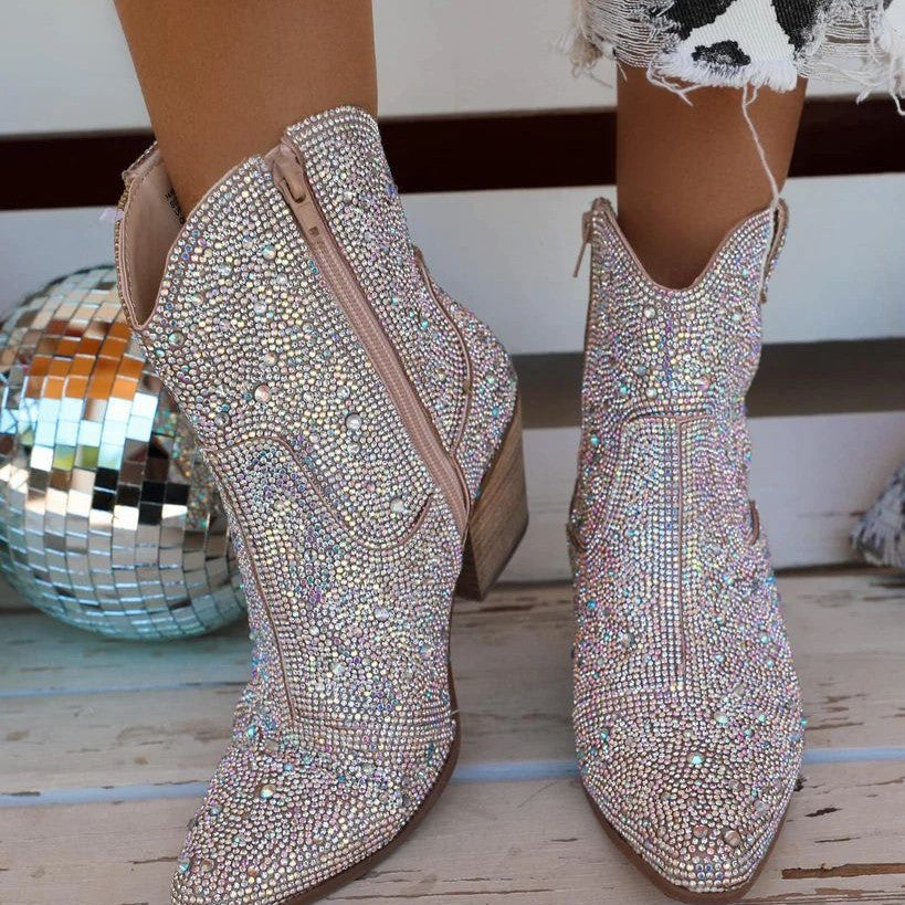 Pointed high heels, thick heels, sequins, hot stamping, fashionable short boots 103