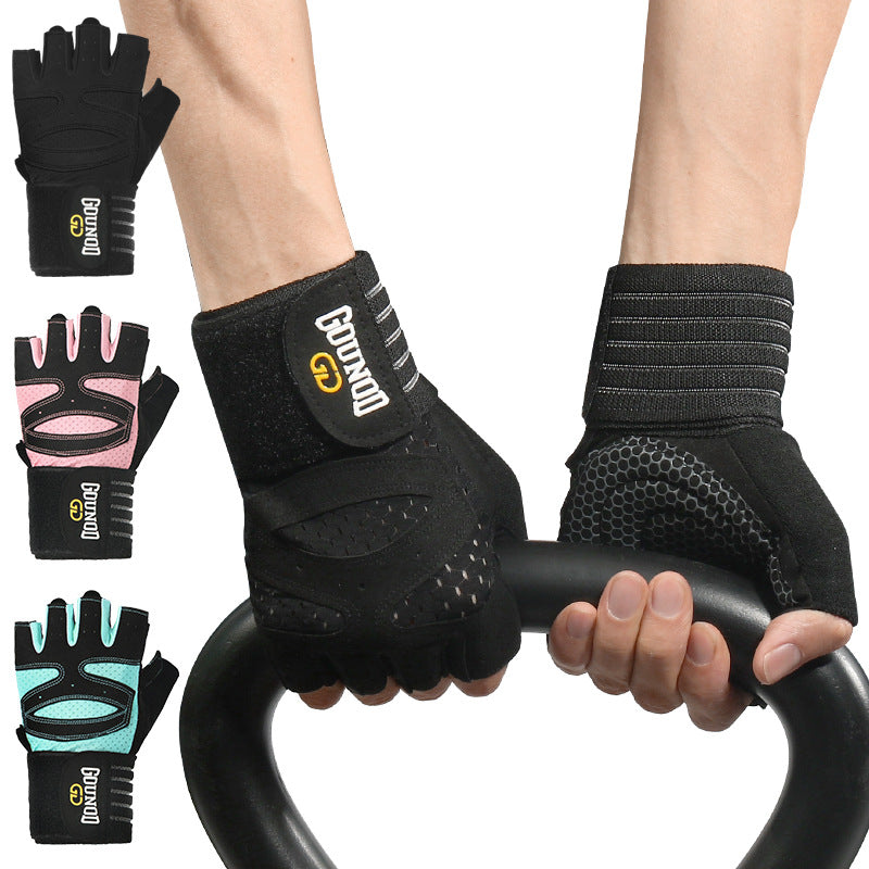Fitness gloves with extended, breathable, and wear-resistant half finger grip 403