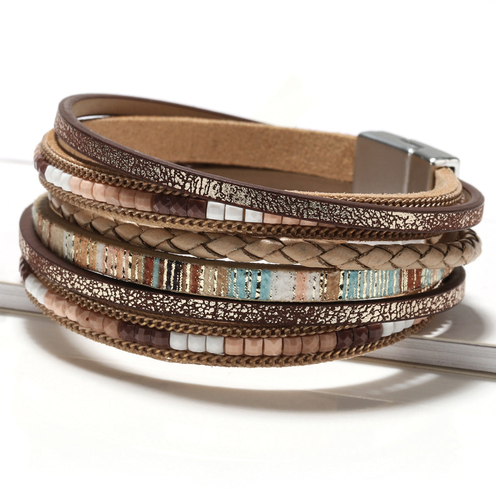 Bohemian hand woven leather bracelet, multi-layer PU bracelet 297