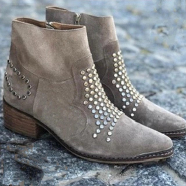 Retro side zipper thick heel sequin rhinestone hot stamping women's short boots 102