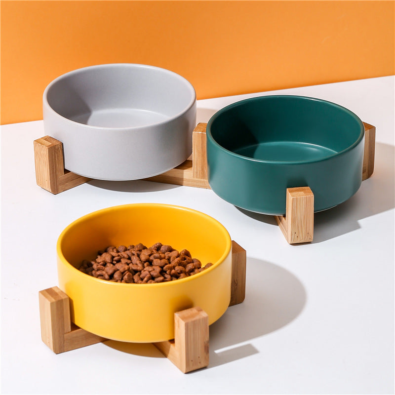 Cat bowl ceramic double bowl water bowl integrated wooden frame dog bowl dog basin 327