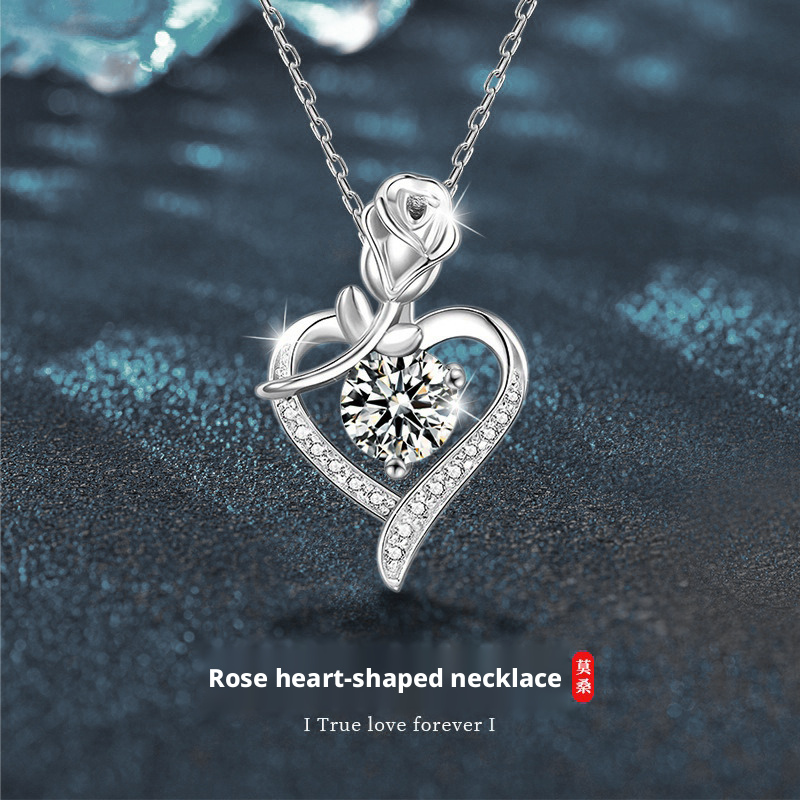 925 sterling silver heart-shaped rose pendant necklace, women's collarbone necklace, moissani diamond 270