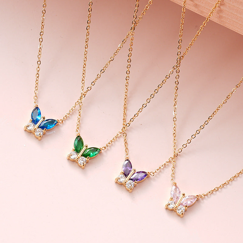 Butterfly shaped 18k gold vacuum electroplated colored zircon women's zircon necklace 262