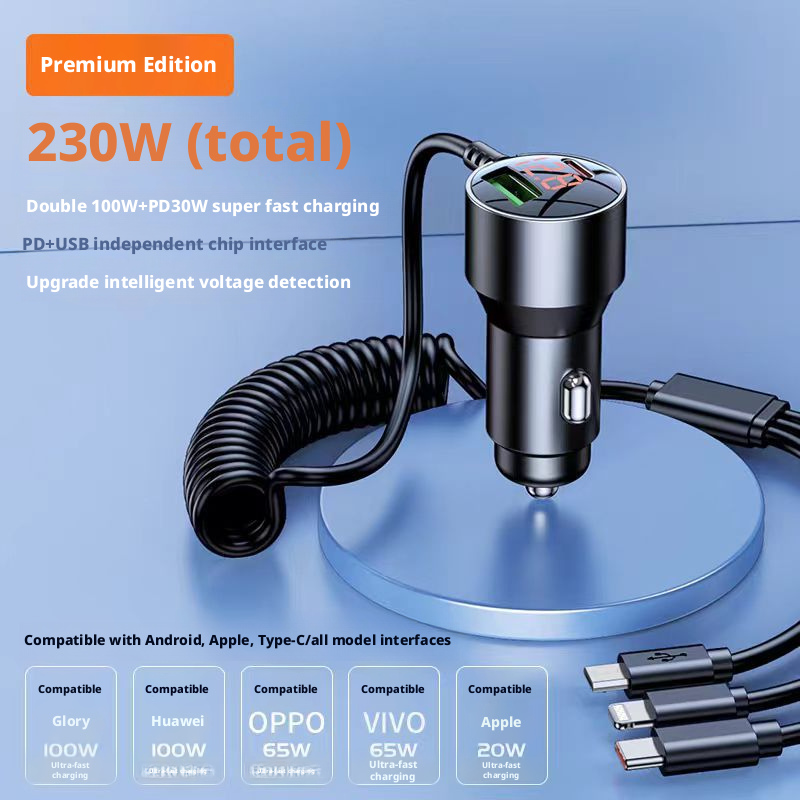 Car charger aluminum alloy digital display car charger with one to three fast charging cables 387