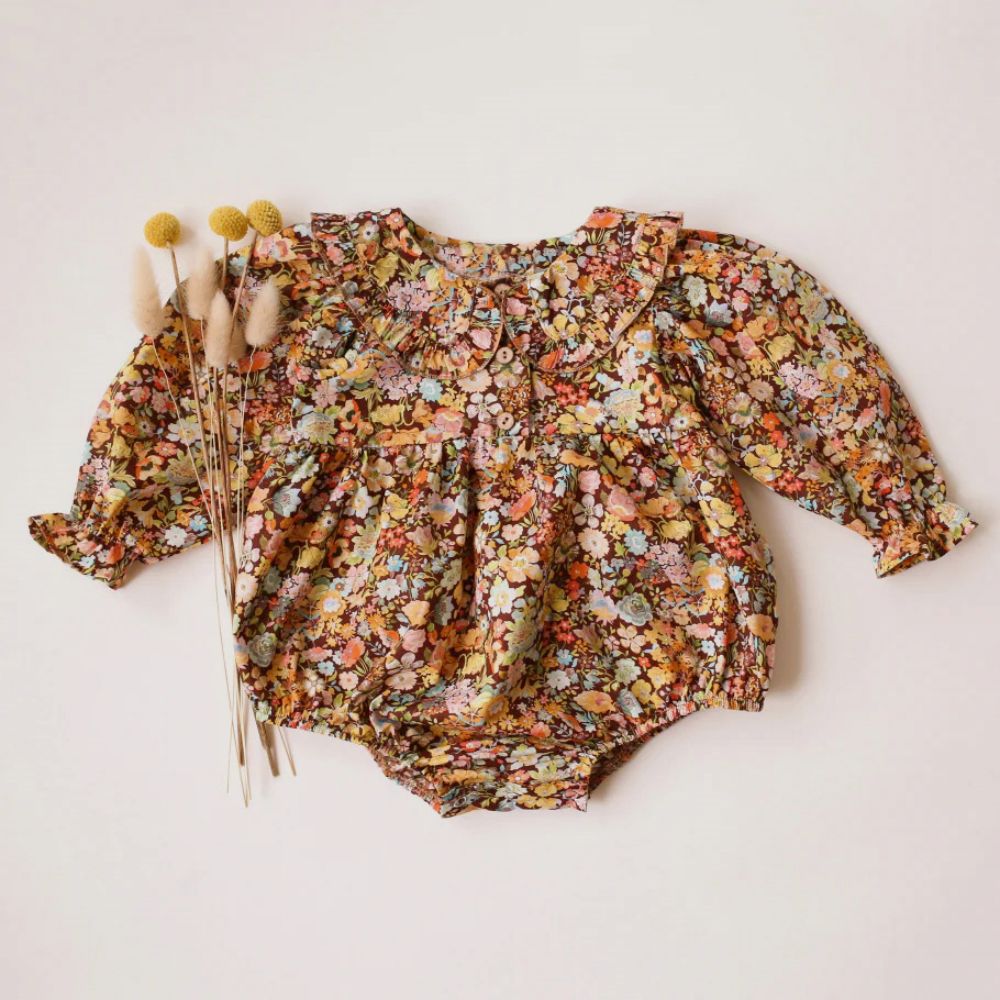 Imitation hemp floral baby girl crawling suit lace collar 095