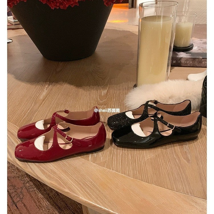 French square toe cross buckle with Mary Jane shoes women's shallow single shoes 123