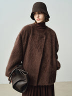 Wind wool coat women's autumn and winter long hair design sense round neck 058