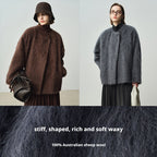 Wind wool coat women's autumn and winter long hair design sense round neck 058