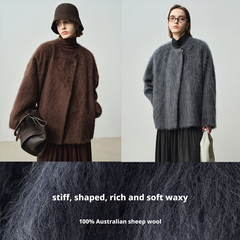 Wind wool coat women's autumn and winter long hair design sense round neck 058