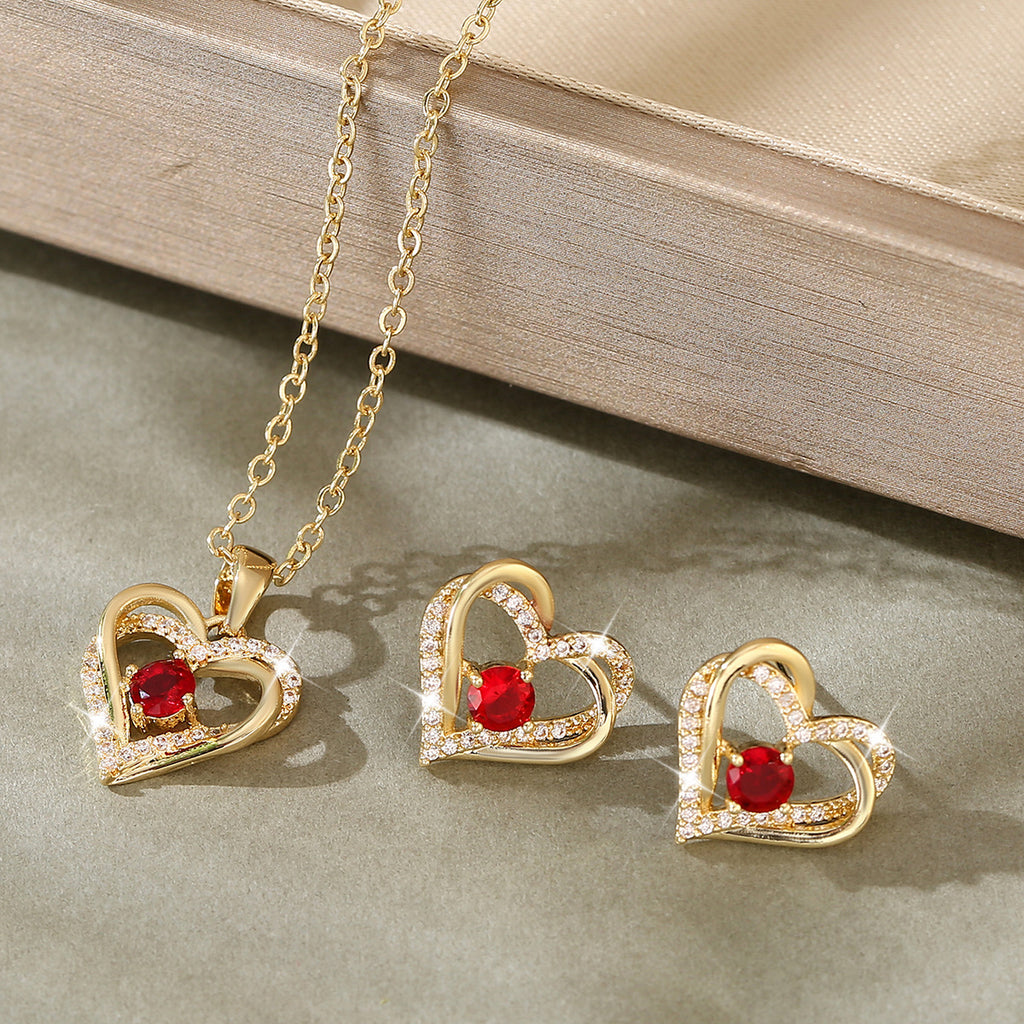 Copper inlaid zirconium heart-shaped earrings necklace women's pendant set 285