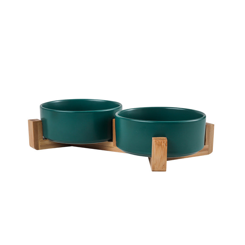 Cat bowl ceramic double bowl water bowl integrated wooden frame dog bowl dog basin 327