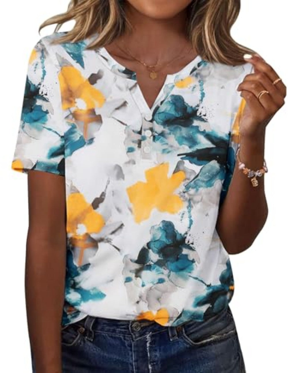 New fashionable, trendy, casual, versatile, high-quality short-sleeved button V-neck T-shirt 481