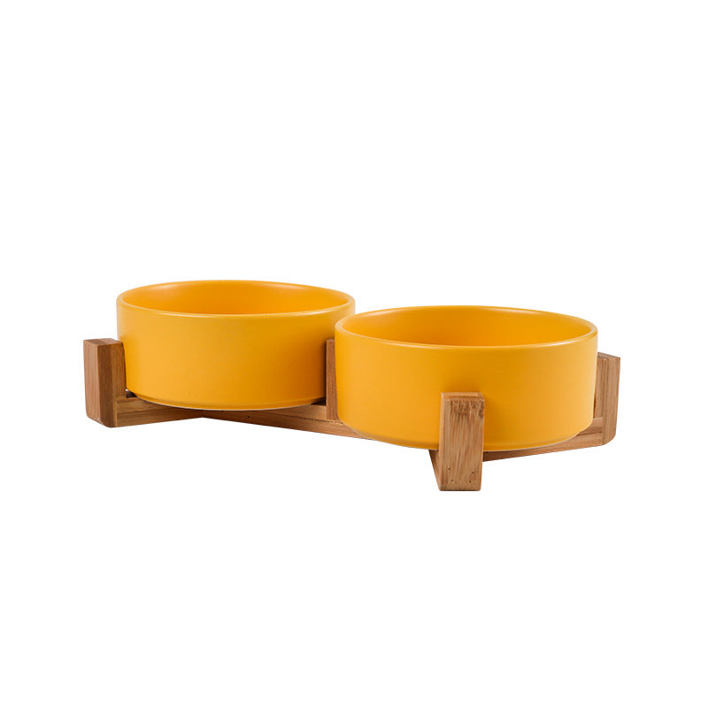 Cat bowl ceramic double bowl water bowl integrated wooden frame dog bowl dog basin 327