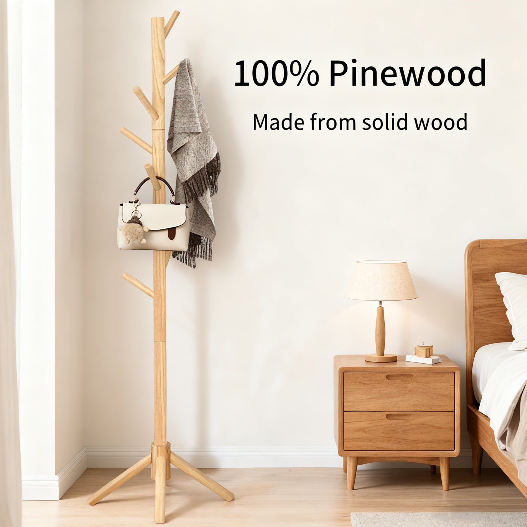 Solid wood coat rack, floor-standing, simple household clothes rack, living room bag rack 602