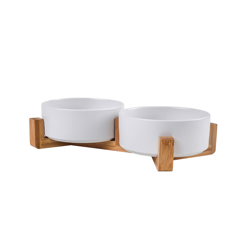 Cat bowl ceramic double bowl water bowl integrated wooden frame dog bowl dog basin 327