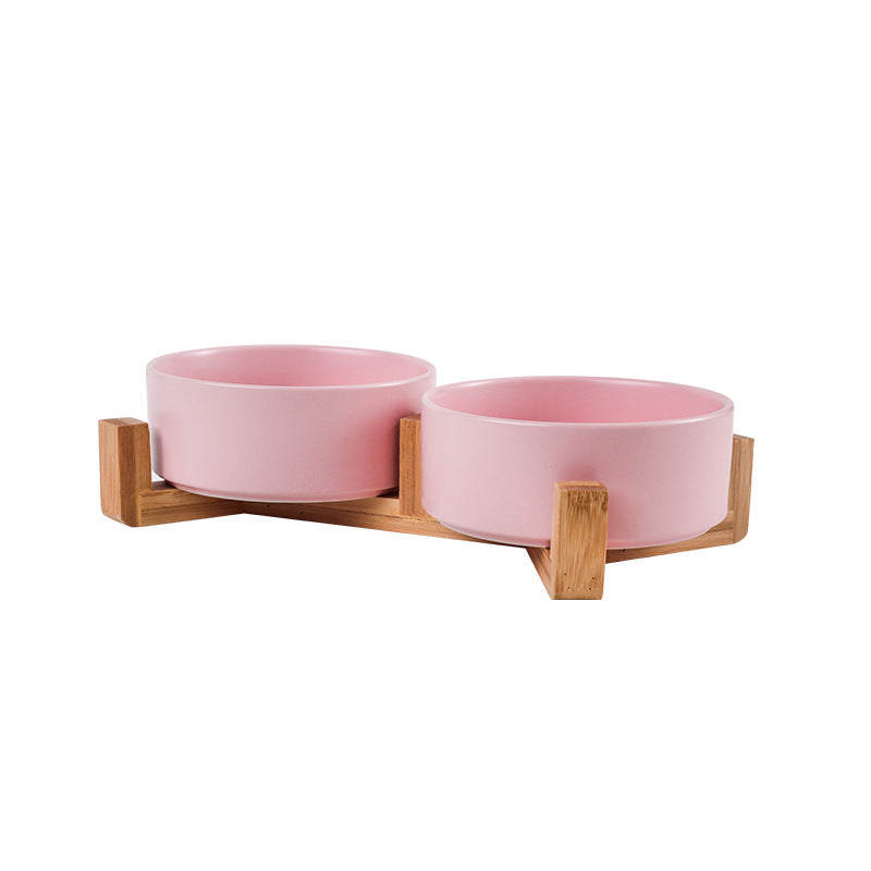 Cat bowl ceramic double bowl water bowl integrated wooden frame dog bowl dog basin 327