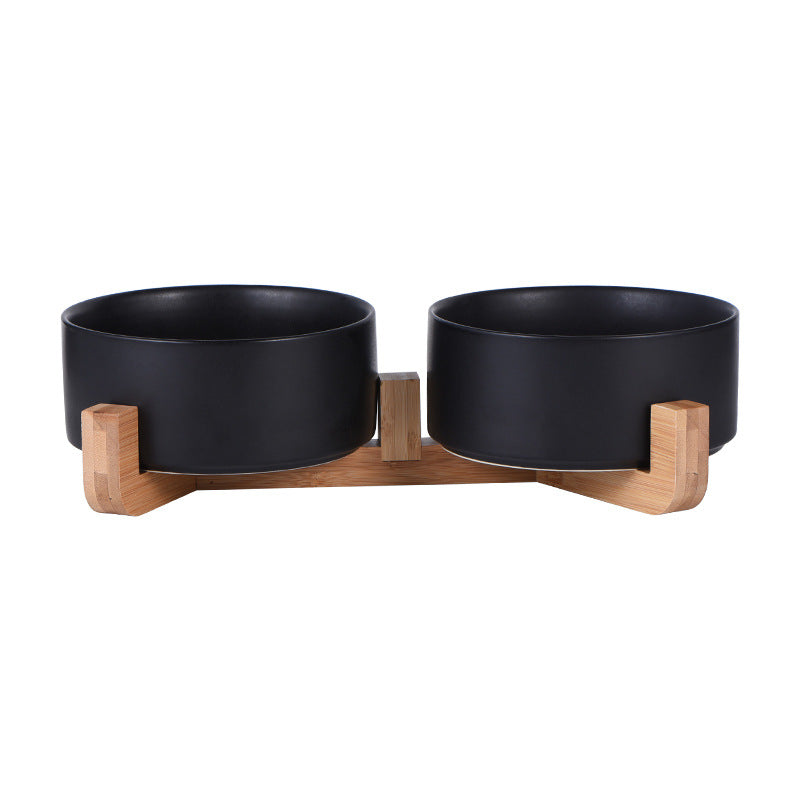 Cat bowl ceramic double bowl water bowl integrated wooden frame dog bowl dog basin 327