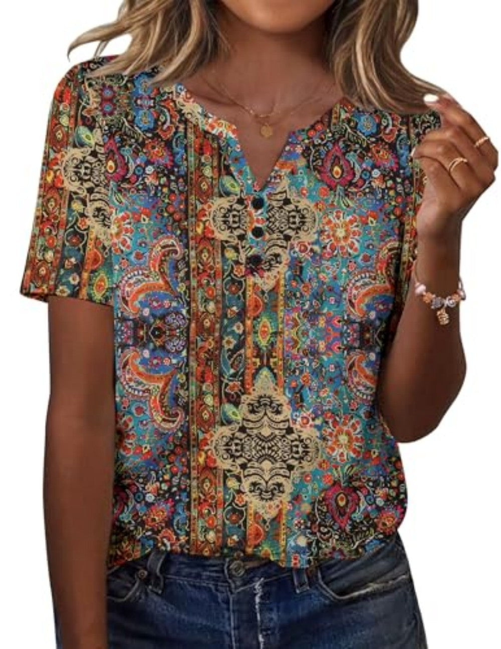 New fashionable, trendy, casual, versatile, high-quality short-sleeved button V-neck T-shirt 481