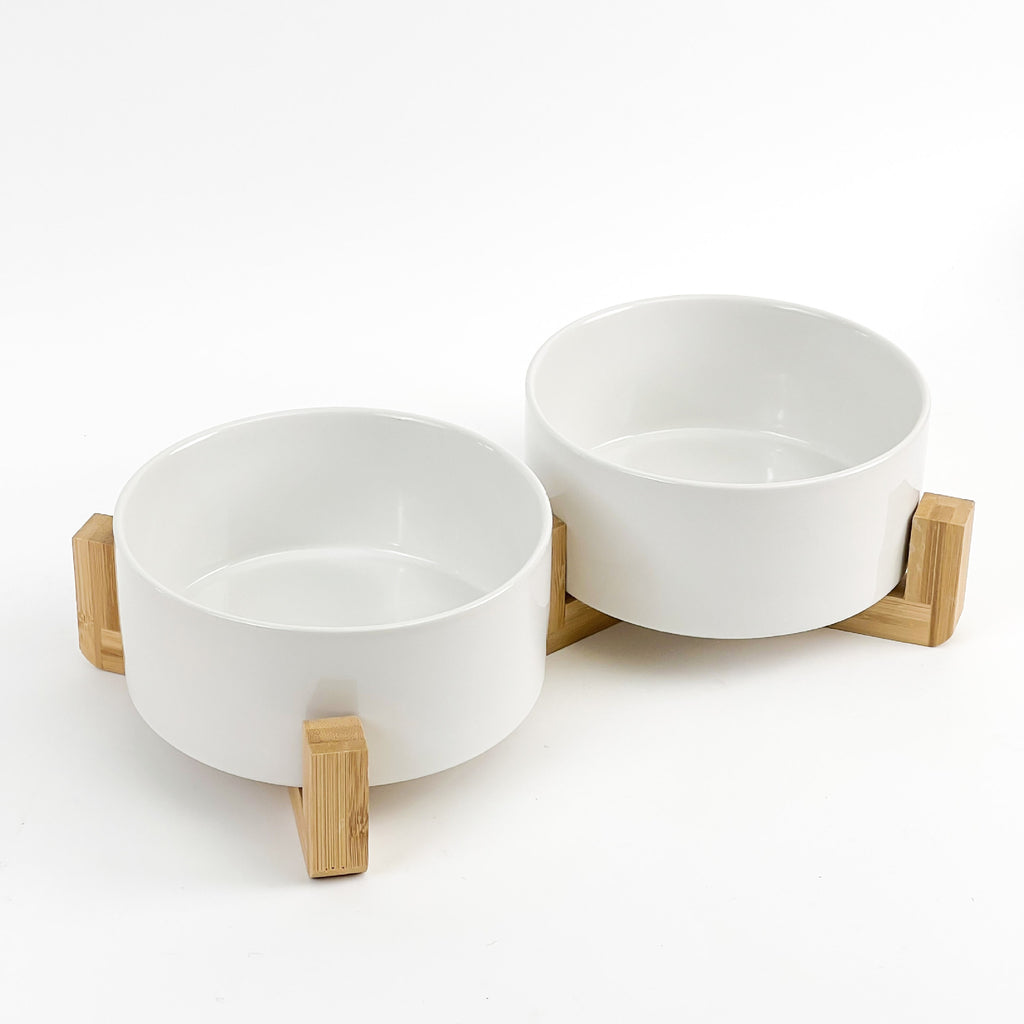 Cat bowl ceramic double bowl water bowl integrated wooden frame dog bowl dog basin 327