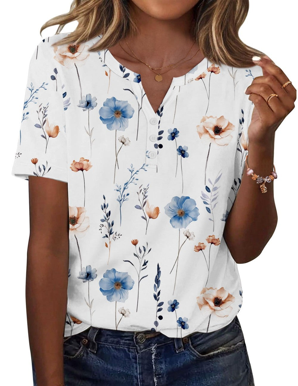 New fashionable, trendy, casual, versatile, high-quality short-sleeved button V-neck T-shirt 481