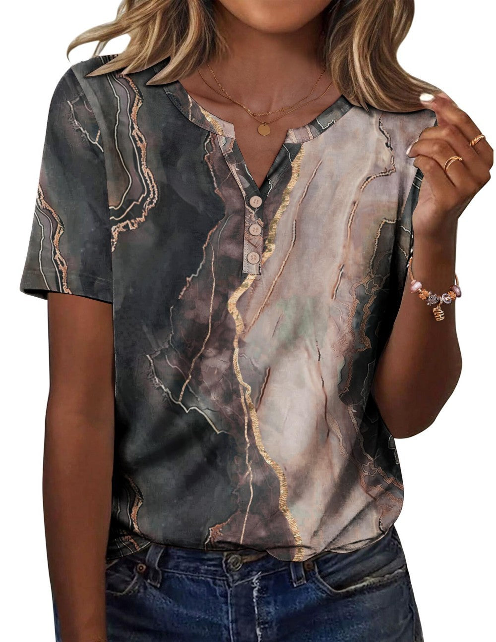 New fashionable, trendy, casual, versatile, high-quality short-sleeved button V-neck T-shirt 481