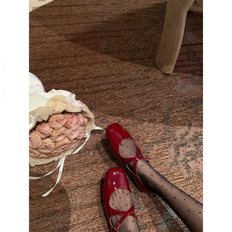 French square toe cross buckle with Mary Jane shoes women's shallow single shoes 123