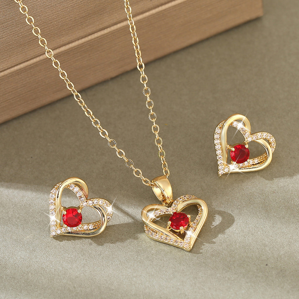 Copper inlaid zirconium heart-shaped earrings necklace women's pendant set 285