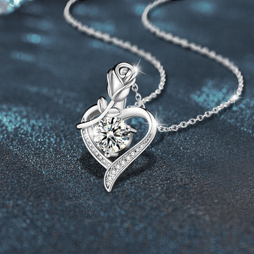 925 sterling silver heart-shaped rose pendant necklace, women's collarbone necklace, moissani diamond 270