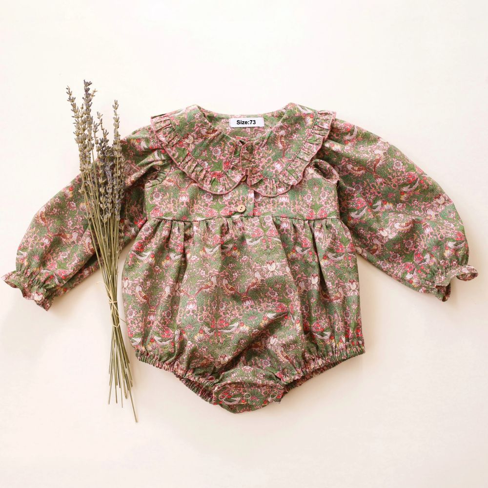 Imitation hemp floral baby girl crawling suit lace collar 095