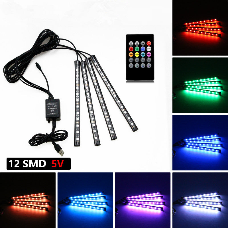 In car ambient lighting, wireless USB cigarette lighter, voice controlled foot ambient LED light with infrared 373