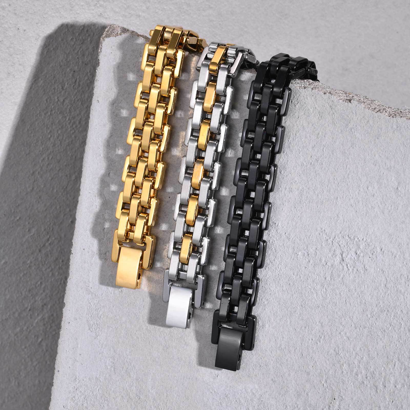 Minimalist men's wide face stainless steel strap gold bracelet 250