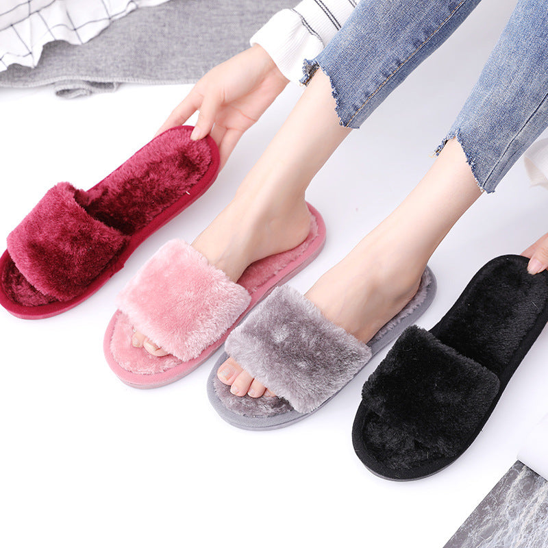Open mouth hairy women's indoor wooden floor warm cotton slippers 050