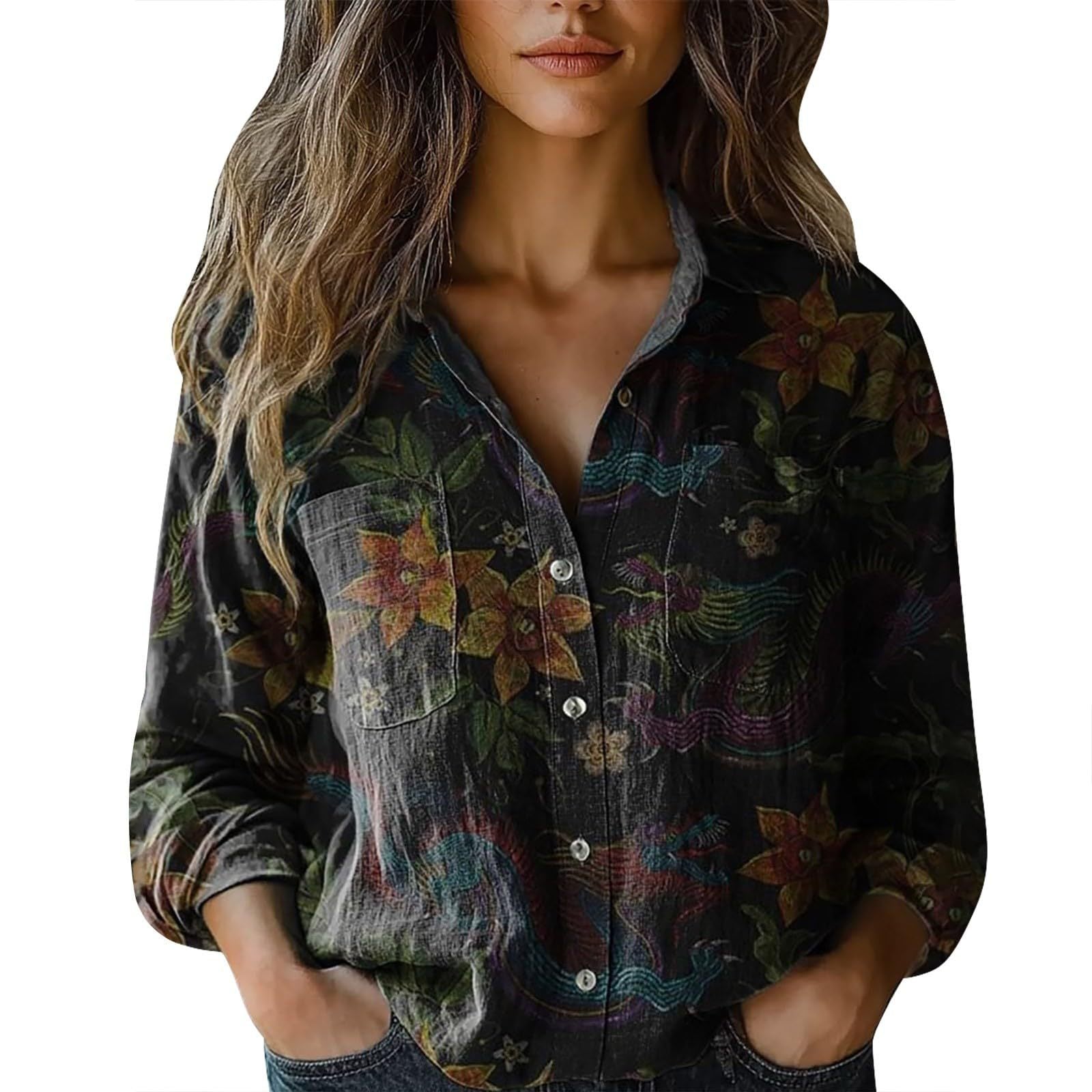 Women's shirt top V-neck printed shirt 082