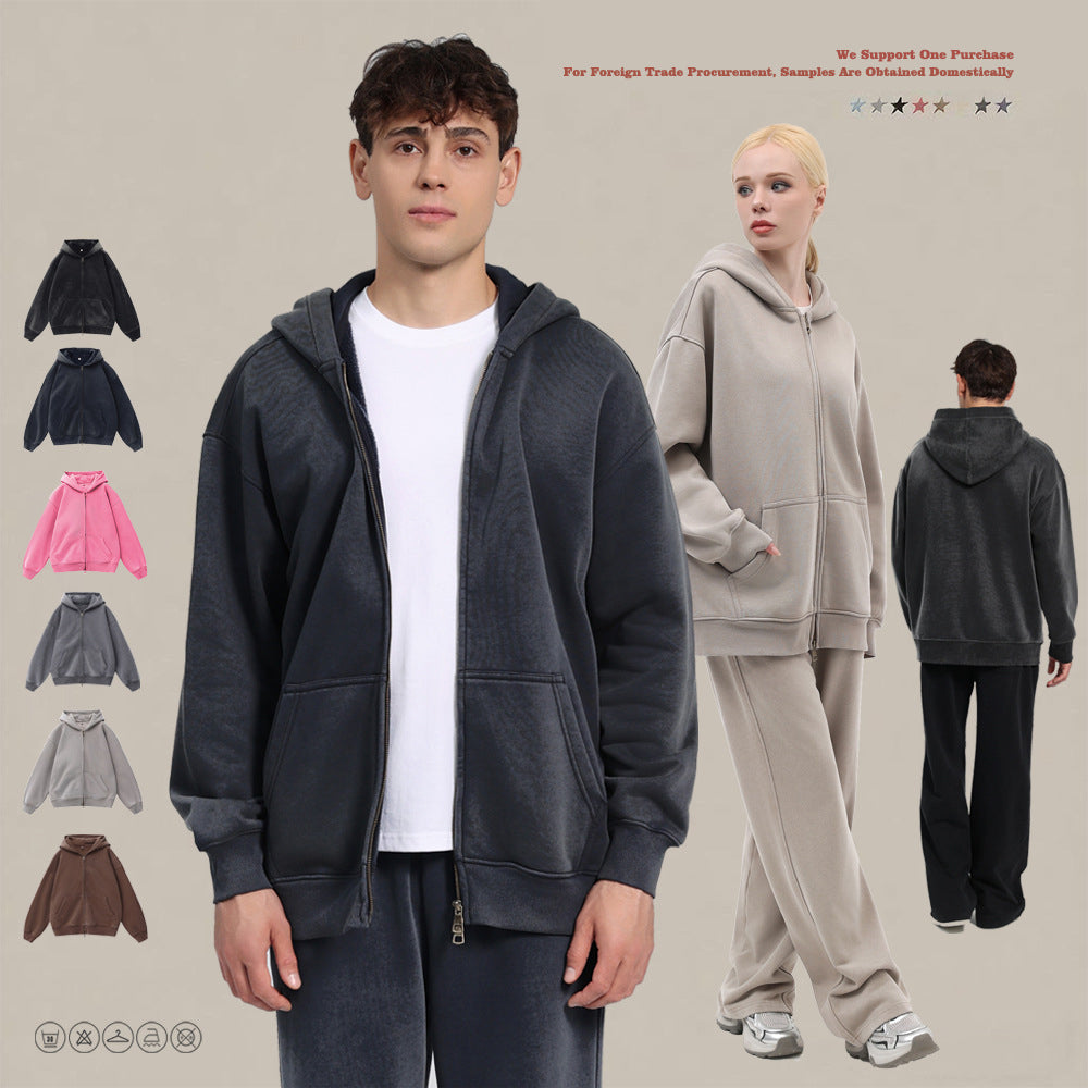 Fleece-lined Washed Vintage Hooded Sweater 053