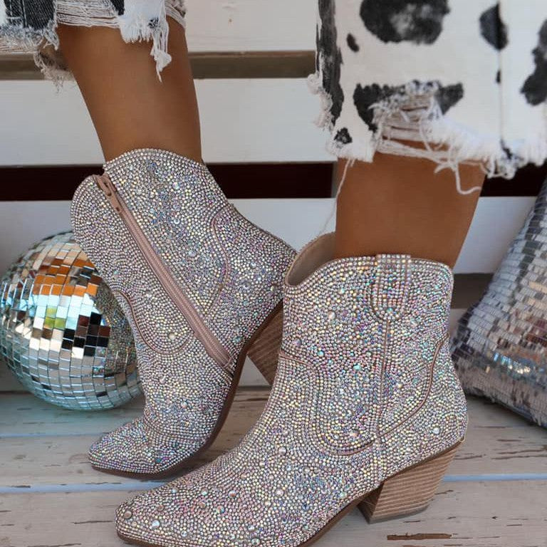 Pointed high heels, thick heels, sequins, hot stamping, fashionable short boots 103