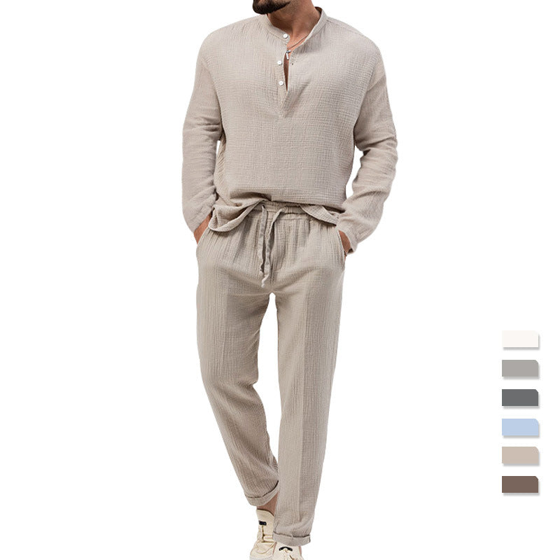 Men's solid color casual T-shirt long sleeved shirt long pants set 085