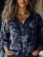 Women's shirt top V-neck printed shirt 082